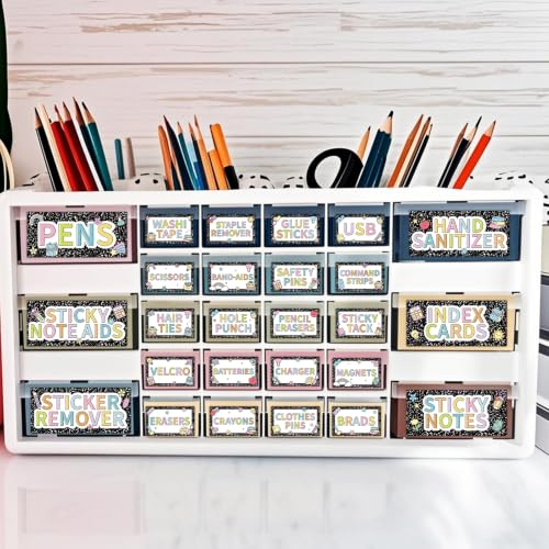 54PCS Classroom Toolbox Label Classroom Decor Self-Adhesive Composition Toolbox Sticker Black and White Tool Box Storage Decal Composition Organizer Container Decor for Back to School Teacher Supplies - style: Black and White Composition