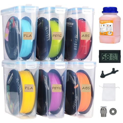 Comgrow 3D Printer Filament Storage Box, 6PCS DIY Filament Container for 3D Printing Sealing and Protection, Portable Storage Box with Desiccants Thermo-Hygrometer and Bearings 4.0L(9.45 * 8 * 3in)