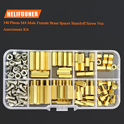 HELIFOUNER 140 Pieces M4 Male Female Hex Brass Spacer Standoff Screw Nut Assortment Kit - size: M4 Brass Standoff Kit