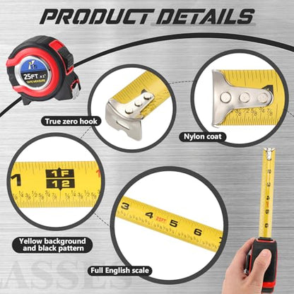 Youyole 10 Pack Tape Measure with Fractions 1/8 Steel Measuring Tape Retractable Easy Read Measurement Ruler Steel Power Blade (25 ft X 1 in,Red) - color: Red