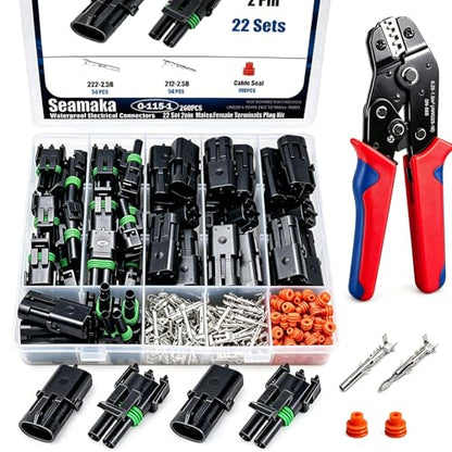 22 Kits 2Pin Waterproof Automotive Electrical Connectors Male&Female Automotive Replacement Electrical Accessories 22-14AWG with Ratchet Crimping Tool - size: 261PCS