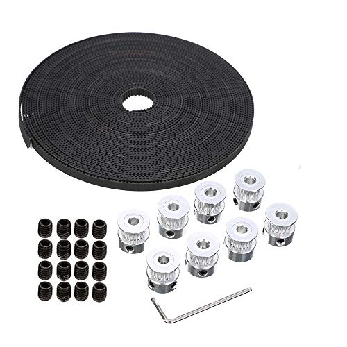 GT2 Timing Belt Pulley, 8pcs GT2 20Teeth Bore 5mm Timing Pulley Wheel with GT2 5 Meters Rubber Belt and Tensioner by YEEZUGO