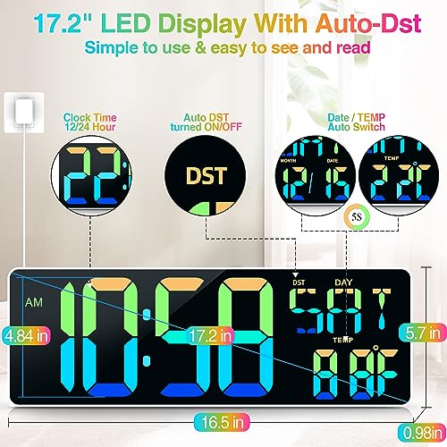 17.2" Large Digital Wall Clock 10 RGB Colors 9 Group Timer Remote Control - color: White Shell&rgb