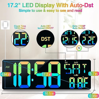 17.2" Large Digital Wall Clock 10 RGB Colors 9 Group Timer Remote Control - color: White Shell&rgb