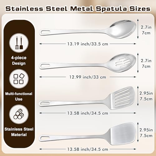 4 Pcs Cooking Utensils Set, Stainless Steel Kitchen Utensils, Heat Resistant Metal Kitchen Tools Include Solid & Slotted Turner Wok Spatula, Serving Spoon, Ergonomic Handle, Easy to Clean, Silver - color: A. 4 Pieces