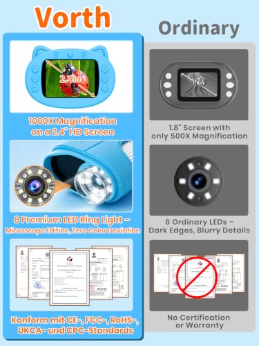1000X Handheld Digital Microscope for Kids, 2.4" IPS Screen STEM Toys - color: Blue