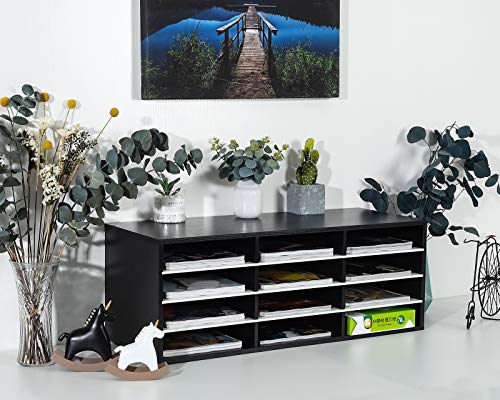 PAG-Mass Mail Sorter Organizer, Wood Countertop Literature Organizer, Student Mailbox for Classroom, Desktop Bill Paper Organizer for Office Home School, 12 Compartments, Black&White - color: Black&white, size: 31.5" x 12.2" x 11.8"