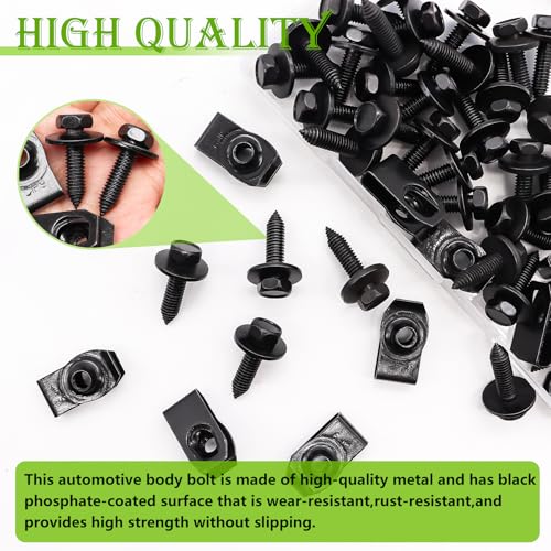 mxuteuk 50PCS 1/4 U-Nut Clips & Hex Head Automotive Body Fender Bolts Kit,for Most Cars Fender,Engine Undertray Cover, Engine Cover & Bumper Fender Liner - color: Black/1/4Inch