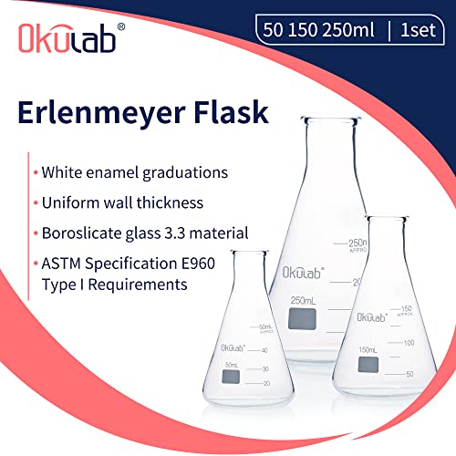 Conical Flask Set, Glass Erlenmeyer Flask Set, Include Vol.50.150.250ml, Borosilicate Glass 3.3, with Printed Graduation.EFNGS3A1 - style: 3 sizes,Vol.50 150 250ml