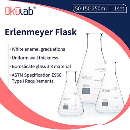 Conical Flask Set, Glass Erlenmeyer Flask Set, Include Vol.50.150.250ml, Borosilicate Glass 3.3, with Printed Graduation.EFNGS3A1 - style: 3 sizes,Vol.50 150 250ml