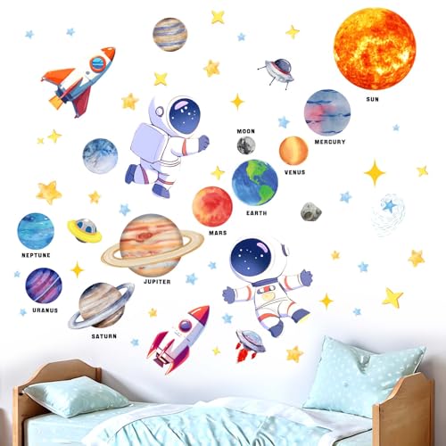 Outer Space Wall Stickers for Kids: Peel and Stick Astronaut Planets Rocket Wall Decals - Wall Art Decor Kids Supplies Ages 1 2 3 4 5 6 7 8 9 10 11 12 Year - color: Outer Space