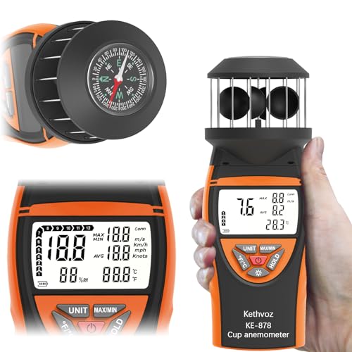 Handheld Cup Anemometer, Kethvoz Digital Air Flow Meter Measure Wind Speed up to 42m/s, Test Temperature for Shooting Hunting Paragliding Outdoor Activities