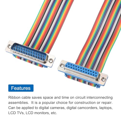 MECCANIXITY 4 Pcs IDC Rainbow Wire Flat Ribbon Cable DB25 Male to DB25 Female 11.8 Inch Length 2.54mm Pitch Breadboard Jumper Wires for Electronic Projects - size: 11.8 Inch, style: DB25 Male to DB25 Female