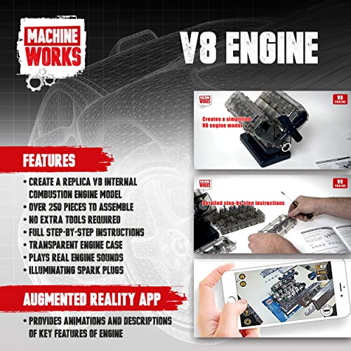 Machine Works Build Your Own V8 Engine Toy - Replica Model Building Kit - Features Augmented Reality, Sounds and Illumination, 4 Modes, 250+ Pieces, 14+ Years - style: V8 Engine