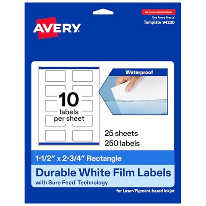 Avery® Printable Durable White Rectangle Labels, Sure Feed® Technology, 1.5" x 2.75", Print-to-the-Edge, Waterproof Labels, Laser & Pigment-Based Inkjet Compatible, 250 Total - style: 250 labels