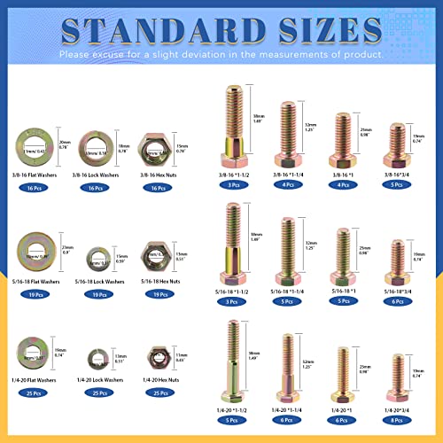 Glarks 240Pcs Grade 8 Coarse Thread Hex Bolts Nuts Screws Washers Assortment Kit, 1/4-20 5/16-18 3/8-16 Inch 12 Size Hex Head Cap Screws and Hex Nuts Flat Washers Lock Washers Set