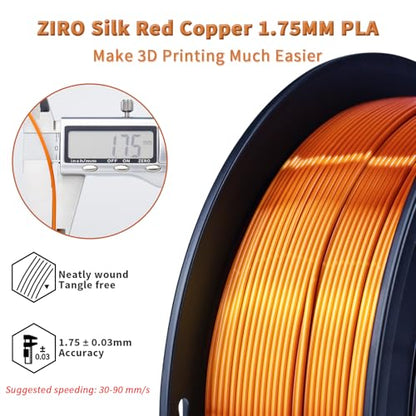 ZIRO PLA 3D Printer Filament, Shiny Glossy Surface, 1KG/2.2lbs, Red Copper - color: Silky-red Copper