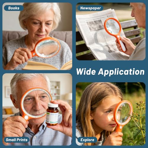 Large Magnifying Glass with Light: 5IN Handheld Illuminated Lighted Magnifier with 13 LED Lights, Rechargeable Magnifier (Orange+White, Magnifier with Light (No Case)) - color: Orange+white