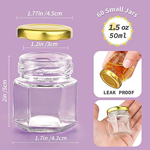 Syntic 60 Pcs 1.5 Oz Mini Honey Jars with Airtight Lids,Hexagon Glass