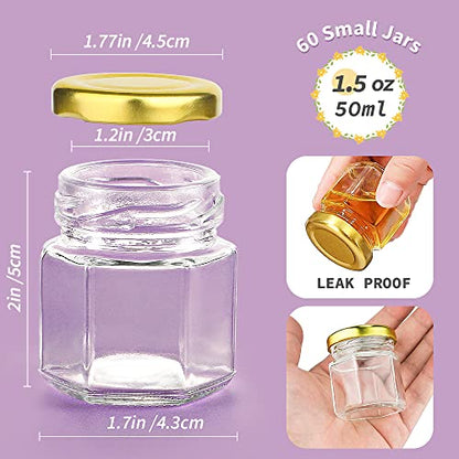 Syntic 60 Pcs 1.5 Oz Mini Honey Jars with Airtight Lids,Hexagon Glass
