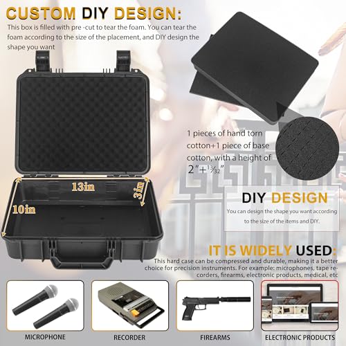 TORIBIO Hard Carrying Case with Foam, Shockproof Storage Box 14"x10.8"x3.3" - size: 14" x 10.8" x 3.3"