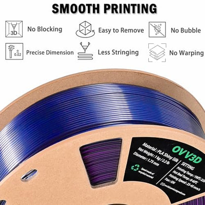 OVV3D PLA Filament 1.75mm Tri-Colors, 3D Printer Filament Silk PLA Filament, Rainbow PLA Filament with Silk PLA Black Blue and Purple, 3D Printing Filament +/-0.02mm, 1kg/2.2lbs - color: Tri-color Black Blue Purple