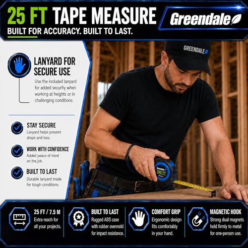 Greendale – 6 Pack Tape Measures 25 ft – Easy-Read Fractions, Magnetic Tip, Quick-Lock & Auto-Retract – Heavy-Duty Measuring Tape with Belt Clip – Blue - color: Blue