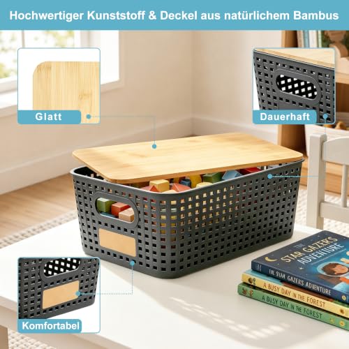 Bagnizer Small Plastic Storage Bins with Bamboo Lids 5.2qt Stackable Box Basket Pantry Decorative Containers Cute with Lable for Organizing Desktop Closet Office Gray of 6 packs 10 * 7.2 * 4.1" - color: Gray, size: Small- 6 Pack