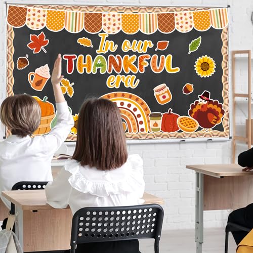 Thanksgiving Turkey Bulletin Board Decorations Pumpkin Maple Leaves Paper Cutouts in Our Thankful Era Bulletin Board Set Fall Party Supplies for Autumn School Chalkboard Wall Window Decoration Favor - style: Fall
