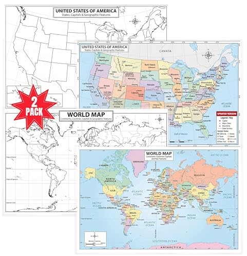 USA & World 2 Piece Map Posters – 11x17 Laminated Dry Erase Study Map | Double-Sided Classroom Learning Tool with Color Geography Map Front & Blank Outline Back | Reusable Homeschool Practice, Test Prep & Memorization Aid - color: 2 Piece Set; World & USA