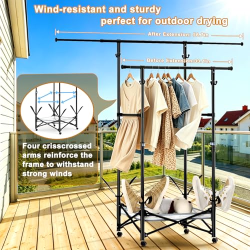 Portable Foldable Clothes Drying Rack - Adjustable Double Extendable Rods (33.1” to 56.7”) -Portable Coat Rack for Travel, Camping, Drying, RV, Indoor, Outdoor, Easy Assemble (Black) - color: Black