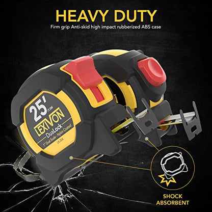 LEXIVON [2-Pack] 25Ft/7.5m Tape Measure, DuaLock & AutoLock | 1-Inch Wide Blade with Nylon Coating, Matt Finish White & Yellow Dual Sided Rule Print | Ft/Inch/Fractions/Metric (LX-204) - size: 2PK-25FT DuaLock & AutoLock