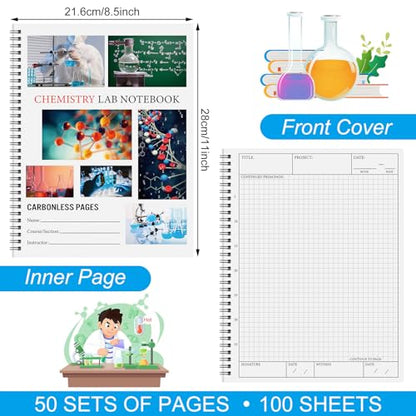 4 Pcs Carbonless Lab Notebook Chemistry, 8.5"x11" Spiral Bound - style: Chemistry