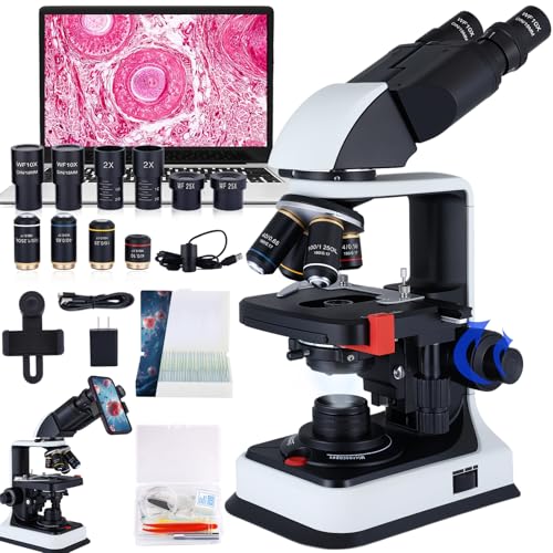 40X-2500X Binocular Microscope, WF10x and WF25x Eyepieces, LED Illumination, with Specimen Handpiece Holder, for Beginners, Microscope for Adults - color: black and white