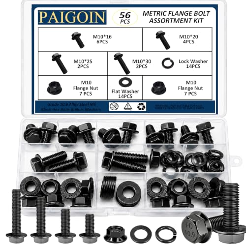 56PCS M10x1.5 Metric Flange Bolt Assortment Kit, 10.9 Black Zinc - color: Black M10 -56PCS