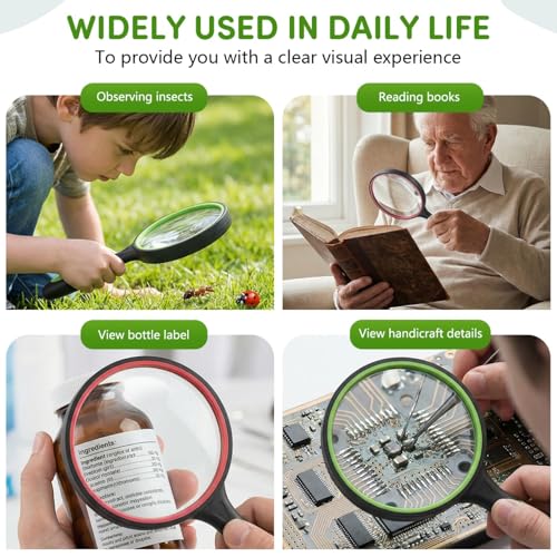 SenseYo 2 Pack 10X Handheld Magnifying Glass Large Reading Magnifier with Scratch Resistant Glass Lens for Kids Seniors Hobby Nature Exploration Scientific Activities (Green & Red) - color: Mixed 2 Pcs
