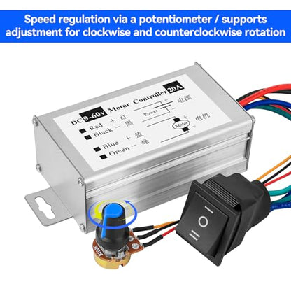 PWM DC Motor Speed Controller 9V-60V, 20A Brush Motor Driver Controls Module 12V 24V 36V 48V 60V, DC Speed Regulator Pulse Width Motor Driver 1200W PWM Monitor Dimmer Governor with Switch Knob