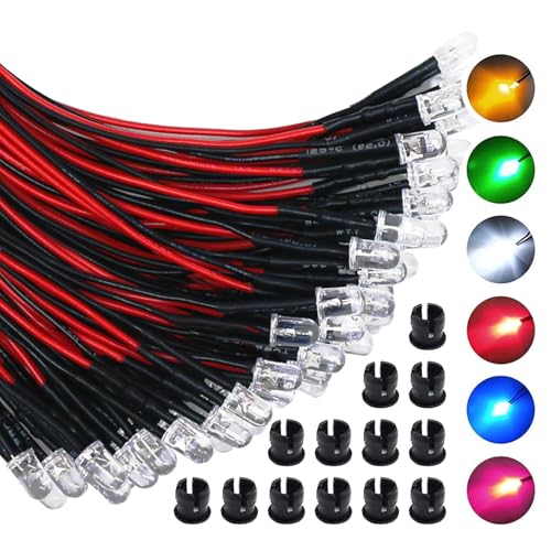 60PCS Pre Wired 12V 5mm LED Diode Lights Kit with Holders (6 Colors x 10pcs) - No Soldering Needed, Low Power Micro LEDs for Model Crafts, RC Cars, Aircraft, DIY Projects