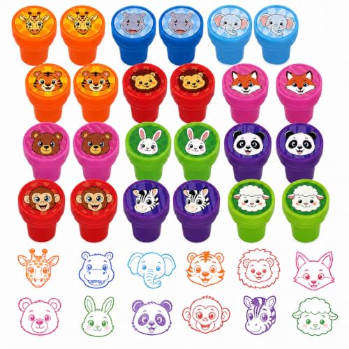 Cinrobiye 24 Pcs Animal Stampers for Kids, Pre-Inked Safari Zoo Party Favor Set, Animal Theme Birthday Party Supplies, Classroom Rewards, Goody Bags, Piñata Fillers - color: Animal Face