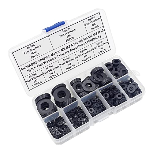 600PCS Metric M2-M10 Black Nylon Flat Washers Spacers Kit - color: Black