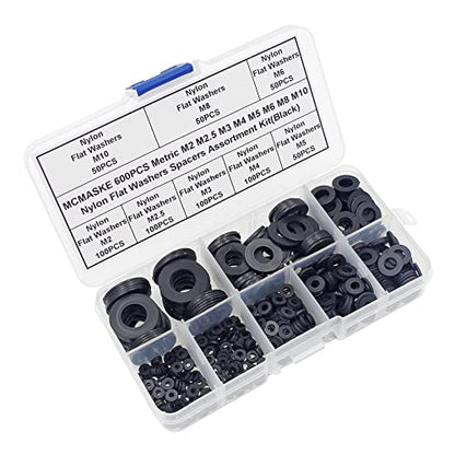 600PCS Metric M2-M10 Black Nylon Flat Washers Spacers Kit - color: Black