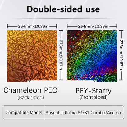 Kobra S1/Kobra 4/ Kobra X Build Plate 264x276mm Double Sided Chameleon PEO+Starry PEY Build Plate Flexible Spring Steel Heated Printing Bed Platform for Anycubic Kobra S1/Kobra X/4 3D Printer - style: PEY Plate