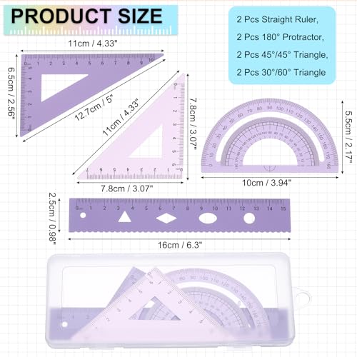 PATIKIL Geometry Set 2Pcs 6" Aluminum Ruler & 4 Triangles, Metal Protractor - color: Gradient Purple, size: 6 Inch