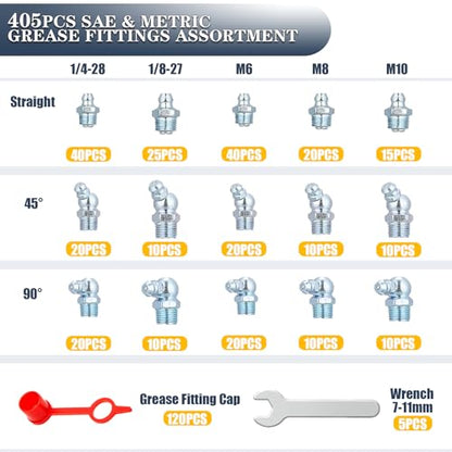 Grease Fittings Kit, 405Pcs SAE & Metric Grease Fitting Assortment, NPT 1/4" 1/8" M6 M8 M10 Straight 45 90 Degree Grease Zerk Fittings with Caps and Wrench Kit(7-11Mm) for Grease Gun - size: 405PCS SAE&Metric Assortment