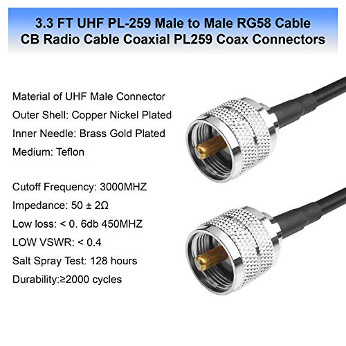 RG58 Cable CB Radio Cable PL259 Jumper 3.3FT(1M) Low Loss UHF PL-259 Male to Male Radio Cable Coaxial PL259 Coax Connectors for CB Antenna Cable for VHF HF 50 ohm RG58 Coax Cable - size: 3.3FT(1M)-1Pcs