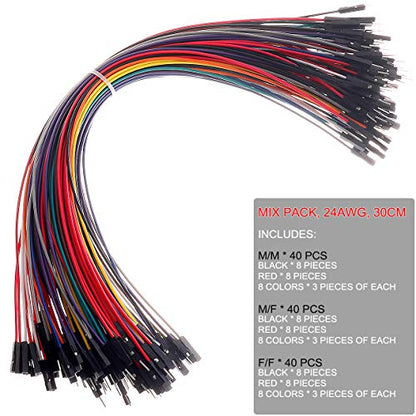 Hellotronics Breadboard Jumper Wires - 120-Pack Mix Pack, 12'' Male to Male, Female to Female, Square Head, 0.1'' 24AWG, 10 Colors (30CM, MMx40 + MFx40 + FFx40) - color: MMx40 + MFx40 + FFx40, 12' Length, size: Length 12'' / 30CM