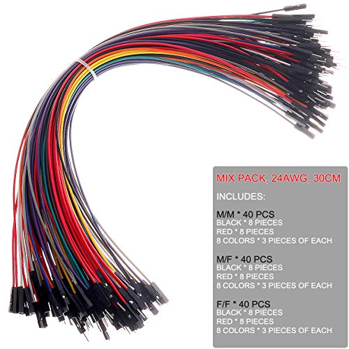 Hellotronics Breadboard Jumper Wires - 120-Pack Mix Pack, 12'' Male to Male, Female to Female, Square Head, 0.1'' 24AWG, 10 Colors (30CM, MMx40 + MFx40 + FFx40) - color: MMx40 + MFx40 + FFx40, 12' Length, size: Length 12'' / 30CM
