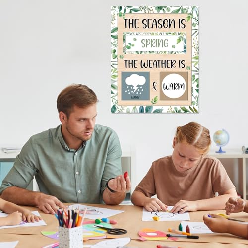 Eucalyptus Leaves Season and Weather Calendar Bulletin Board Season Calendar Posters with Weather Cards Hook and Loop Dots for Classroom Wall Decor Preschool Kindergarten Student Teacher Supplies - style: Eucalyptus Leaves