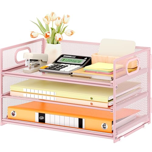 Subekyu 3 Tier Paper Letter Tray Organizer for Desk, Pink Metal Mesh File Folder Sorter Organizer with Handle and 1 PC Sliding Tray for Home Office School Desk Supplies Organization Storage - color: Pink, size: 12.6" x 9.1" x 8.1"
