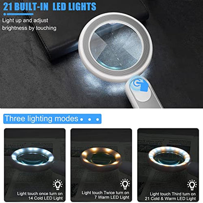Rechargeable Magnifying Glass with Light, 30X 4.7IN Handheld Large Lightweight Lighted Magnify Len 21 LED 3 Modes Illuminated Book Magnifier for Senior,Reading,Inspection,Coin,JewelryChristmasGift - color: Grey+white